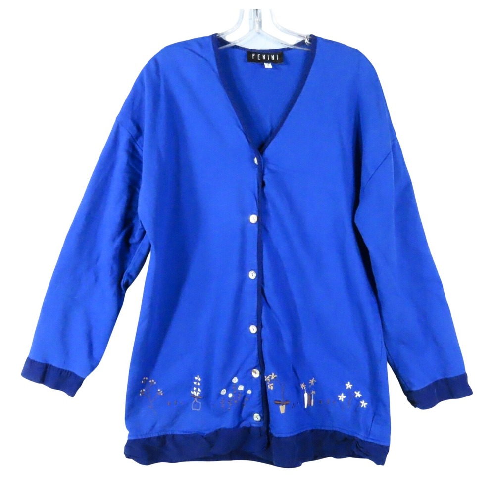 FENINI Button-Up Shirt Top COTTON KNIT Embroidered Flowers ROYAL BLUE w/Navy M